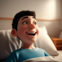 A-cute-3D-character-waking-up-peacefully-with-a-soft-smile,-bathed-in-warm-light,-feeling-refreshed-and-relieved.