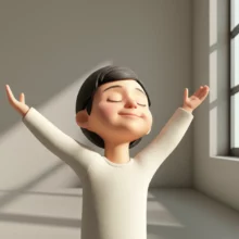 평화로운-방에서-평온한-표정으로-부드럽게-기지개를-켜는-사람의-귀여운-3D-이미지