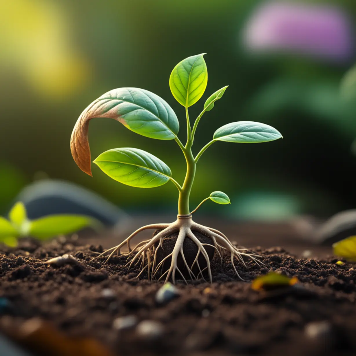 뿌리와-잎이-있는-식물의-3D-이미지,-잎의-일부는-시들고-다른-부분은-생기-넘치는-모습