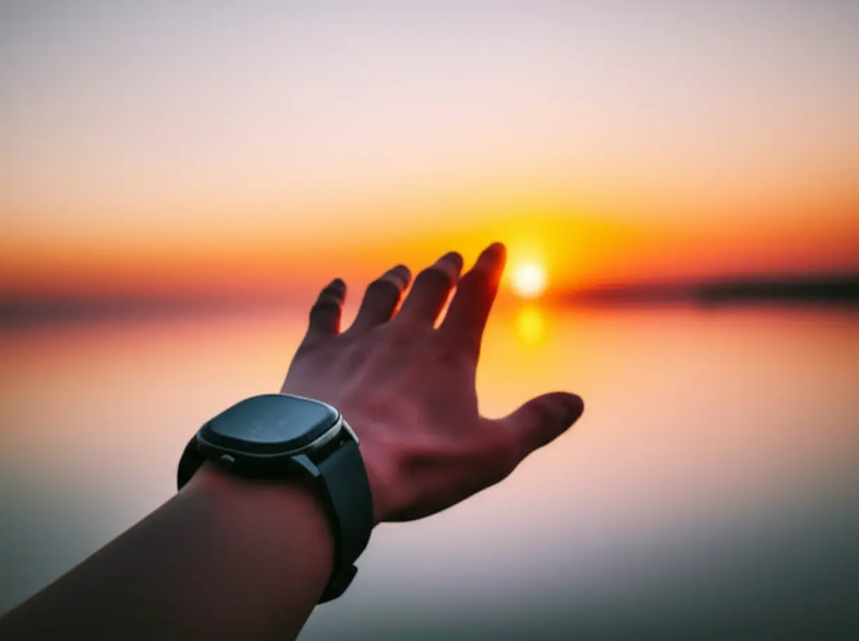 Hand-with-smartwatch-towards-sunrise