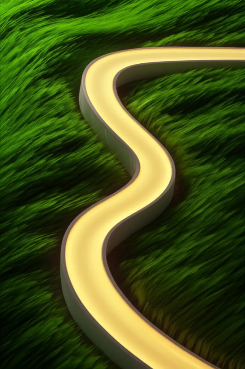 A-cute-3D-glowing-light-moving-along-a-winding-path-in-a-green-landscape,-symbolizing-healthy-nerve-signals.