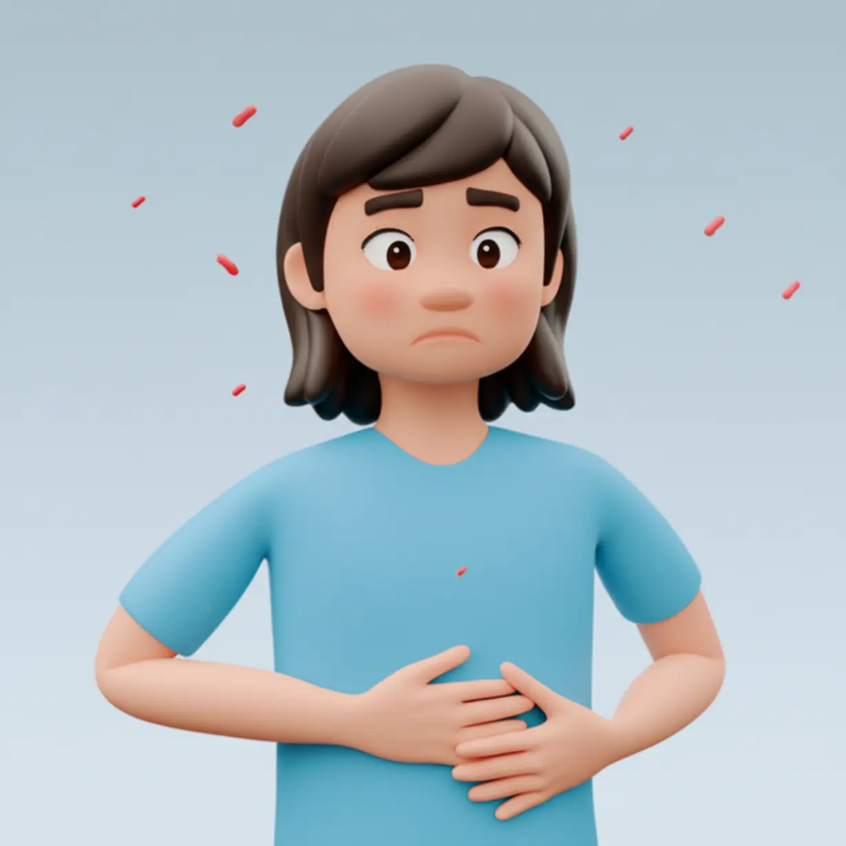 배를-만지며-어리둥절해하는-사람과-주변에-숨어있는-작은-세균들