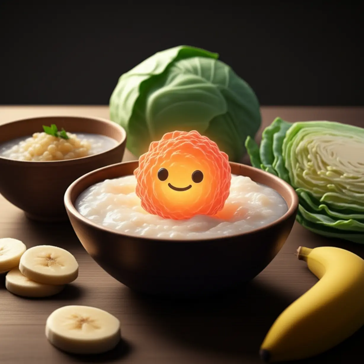 부드러운-죽,-찐-양배추,-바나나-같은-음식들이-중앙의-빛나는-행복한-효소-분자-주위에-놓인-귀여운-3D-이미지