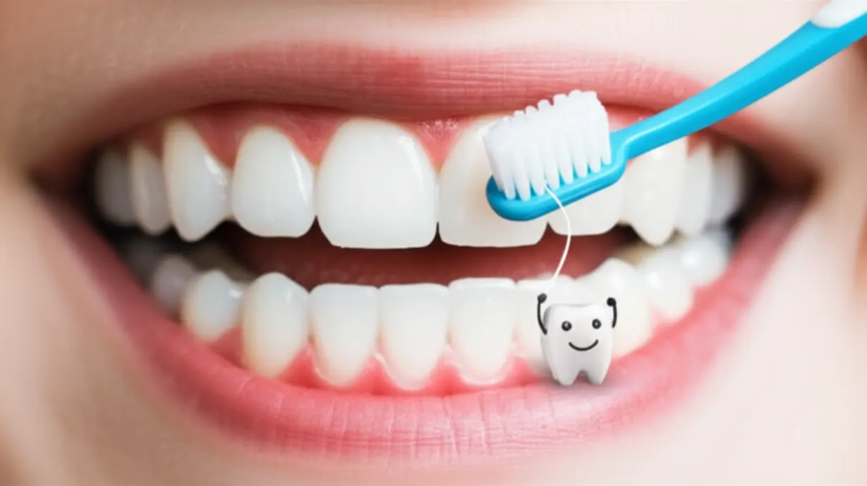 반짝이는-잇몸과-치아가-작은-칫솔과-치실에-의해-부드럽게-관리되는-귀여운-3D-이미지