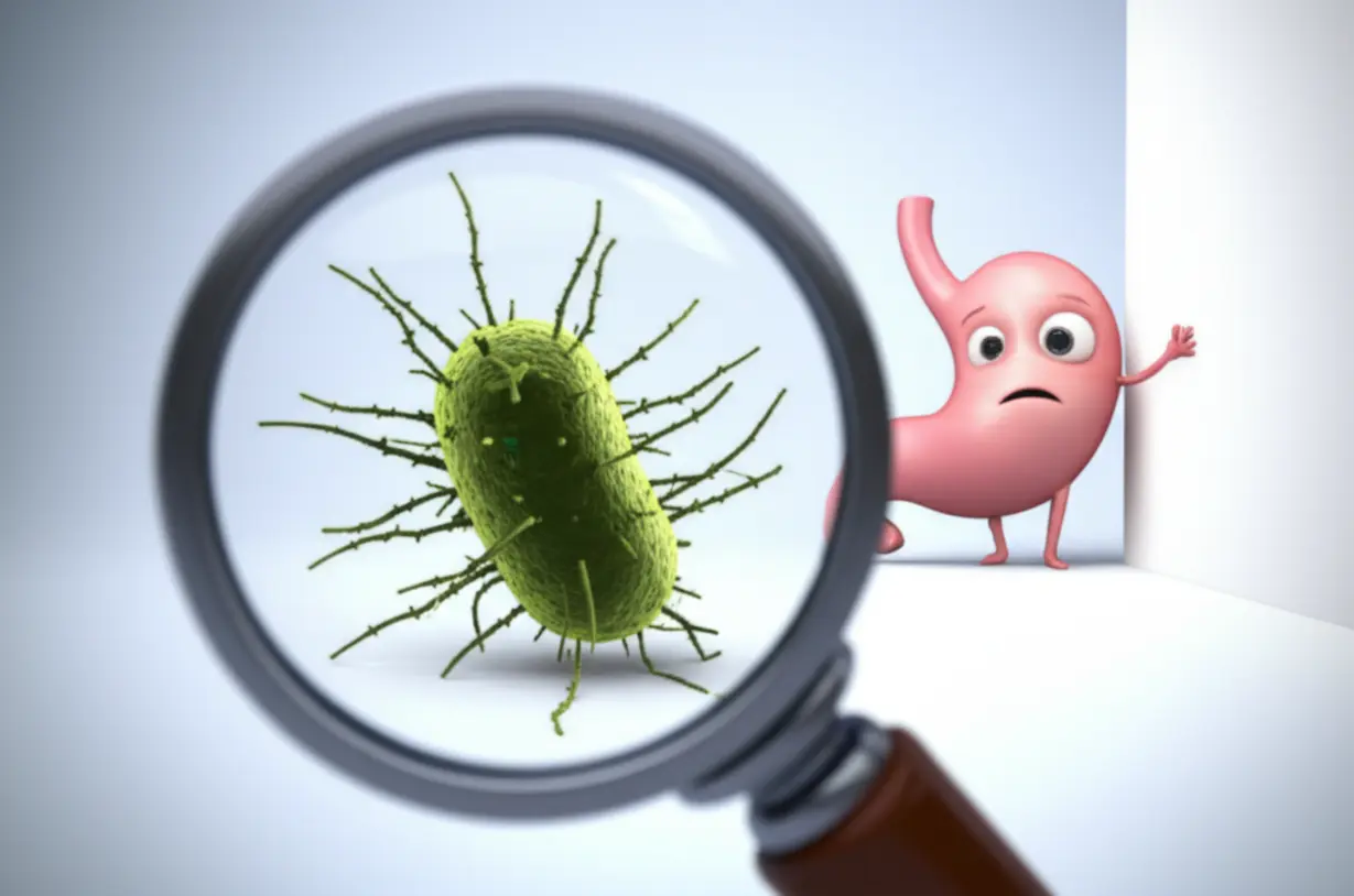 확대경이-작은-박테리아-캐릭터에-초점을-맞추고-있고,-걱정스러운-위-캐릭터가-뒤에서-지켜보는-모습.