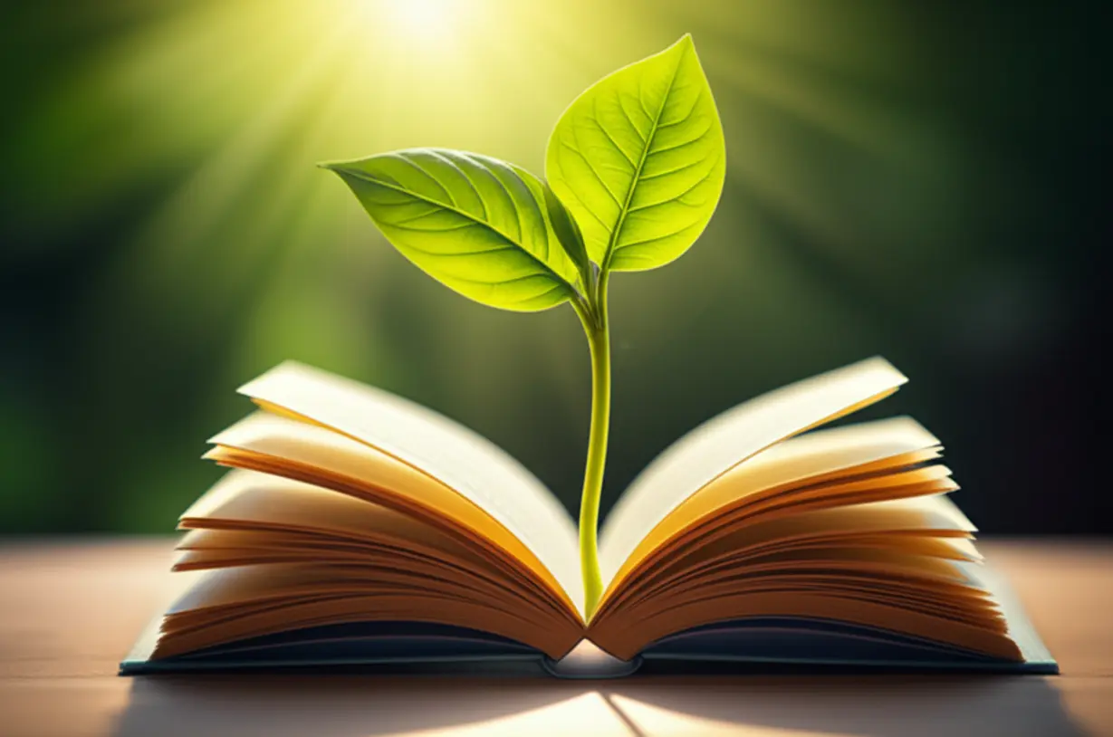 A-green-sprout-growing-from-an-open-book,-bathed-in-light.
