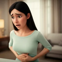 A-cute-3D-person-gently-holding-their-stomach,-looking-concerned.