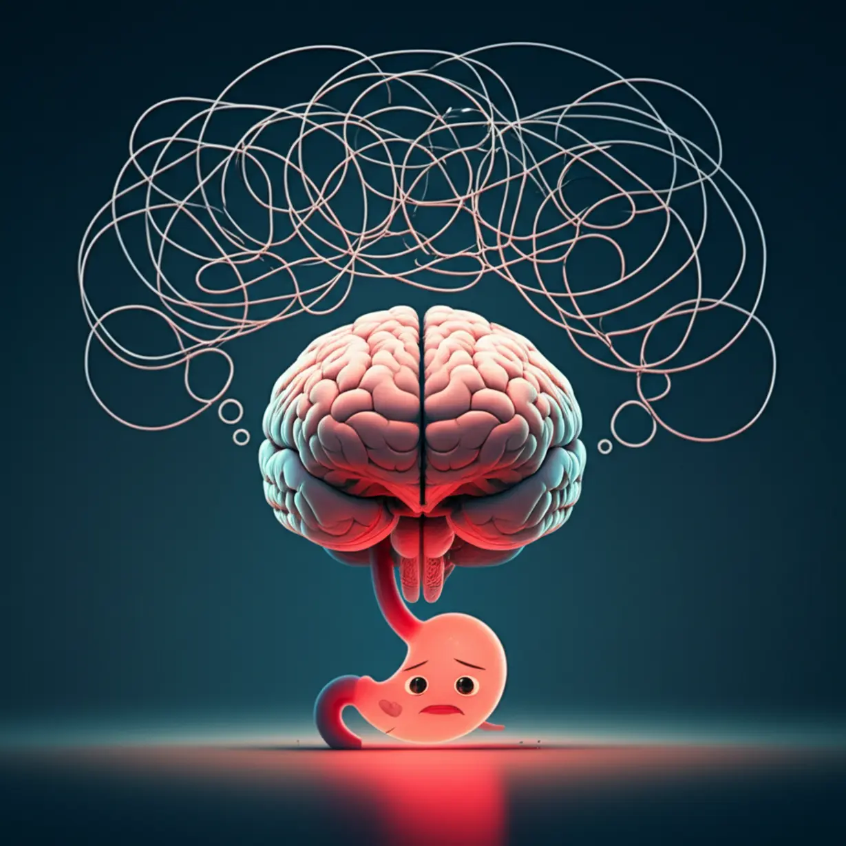 A-cute-3D-illustration-of-a-stressed-brain-linked-to-a-worried-stomach,-representing-psychological-impact-on-digestion.