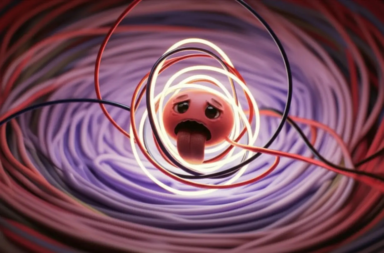 Tangled,-glowing-wires-connected-to-a-small,-distressed-tongue-character,-enveloped-in-chaotic-energy,-symbolizing-how-chronic-stress-and-nervous-system-imbalance-contribute-to-tongue-pain.