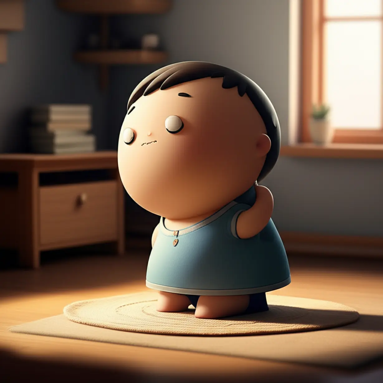 A-cute-3D-character-stretching-their-back-gently-in-a-warm,-cozy-room,-feeling-relief.