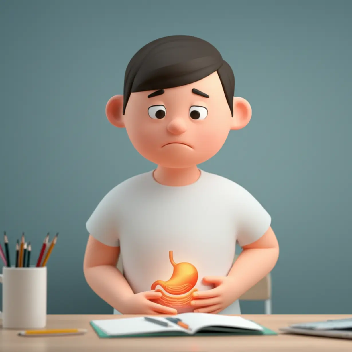 책상에-앉아-배를-살짝-잡고-불편한-표정을-짓고-있는-사람,-얇아진-위-점막이-보이는-모습.