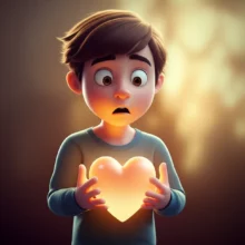 A-cute-3D-person-looking-surprised-and-relieved,-gently-holding-a-glowing-heart,-bathed-in-soft,-warm-light.