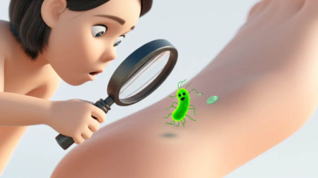 A-surprised-3D-character-using-a-magnifying-glass-to-inspect-a-foot,-realizing-bacteria-are-the-true-cause-of-foot-odor.