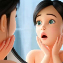 거울을-보며-붓기-없는-자신의-얼굴에-놀라고-기뻐하는-사람의-귀여운-3D-이미지