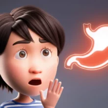 눈을-동그랗게-뜨고-살짝-어지러워-보이는-귀여운-3D-캐릭터-옆에-위장-모양-아이콘이-떠-있는-모습.-예상치-못한-증상과-위장의-연관성을-암시한다.