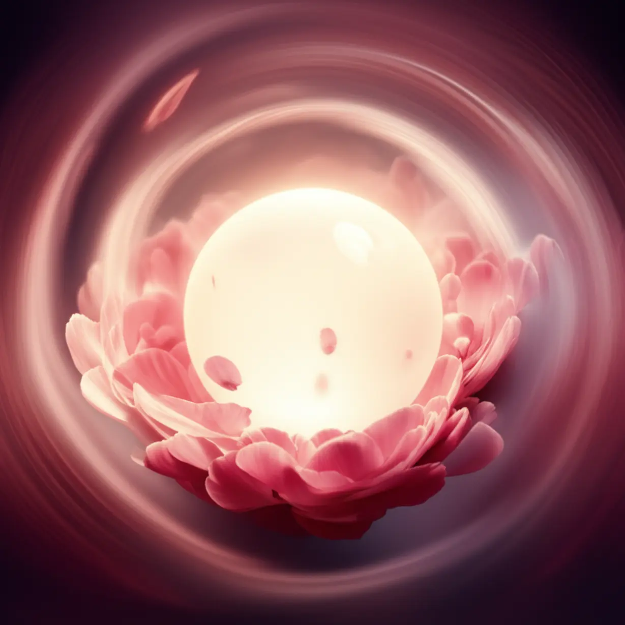A-3D-illustration-of-a-glowing-orb-surrounded-by-swirling-energy-and-petals,-representing-consistent-well-being-and-a-lasting-youthful-glow.