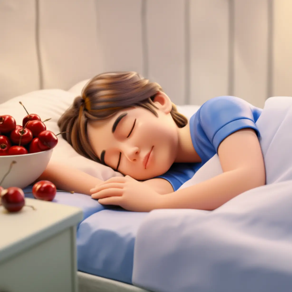 아늑한-이불-속에서-평화롭게-잠든-사람,-옆에는-체리-한-그릇.