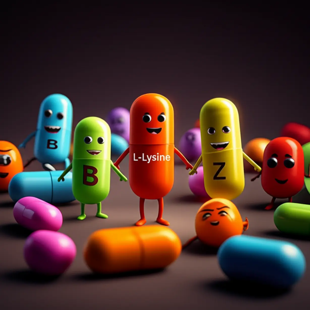 다양한-색상의-영양제-캡슐과-귀여운-만화-비타민-캐릭터들(예:-비타민-B,-D,-아연)이-중앙의-