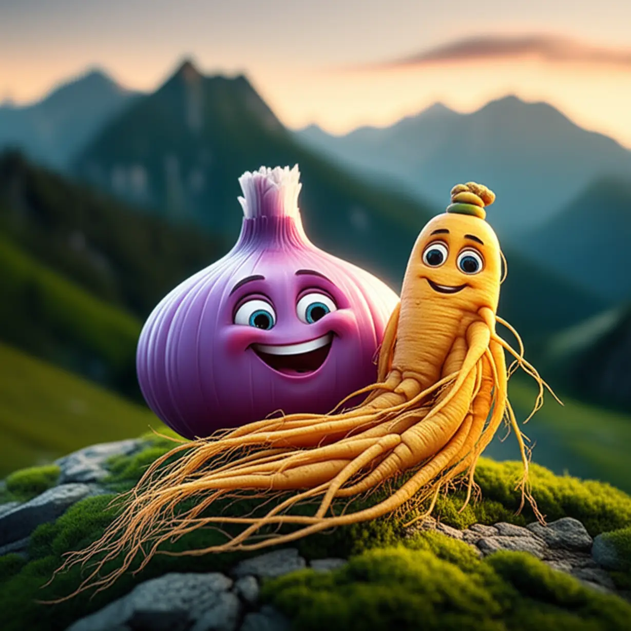 건강한-빛을-발하는-통통한-자색-양파와-산양산삼-뿌리가-어우러진-모습