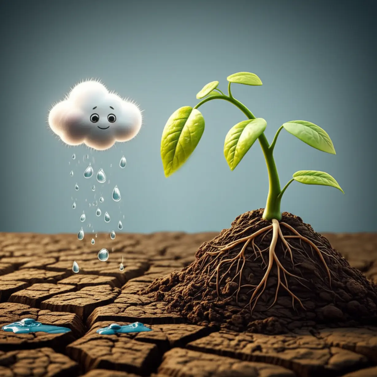 A-wilting-plant-with-dry,-cracked-soil,-and-a-small-cloud-attempting-to-water-it,-but-its-weak-roots-prevent-absorption,-symbolizing-how-systemic-weakness-causes-dry-mouth-and-tongue-issues.