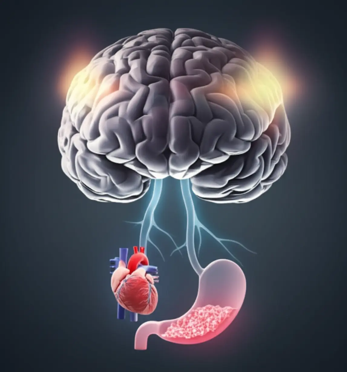 A-cute-3D-illustration-of-a-stylized-brain-with-glowing-lines-connecting-to-a-tiny-heart-and-stomach,-representing-the-intricate-network-of-the-autonomic-nervous-system.