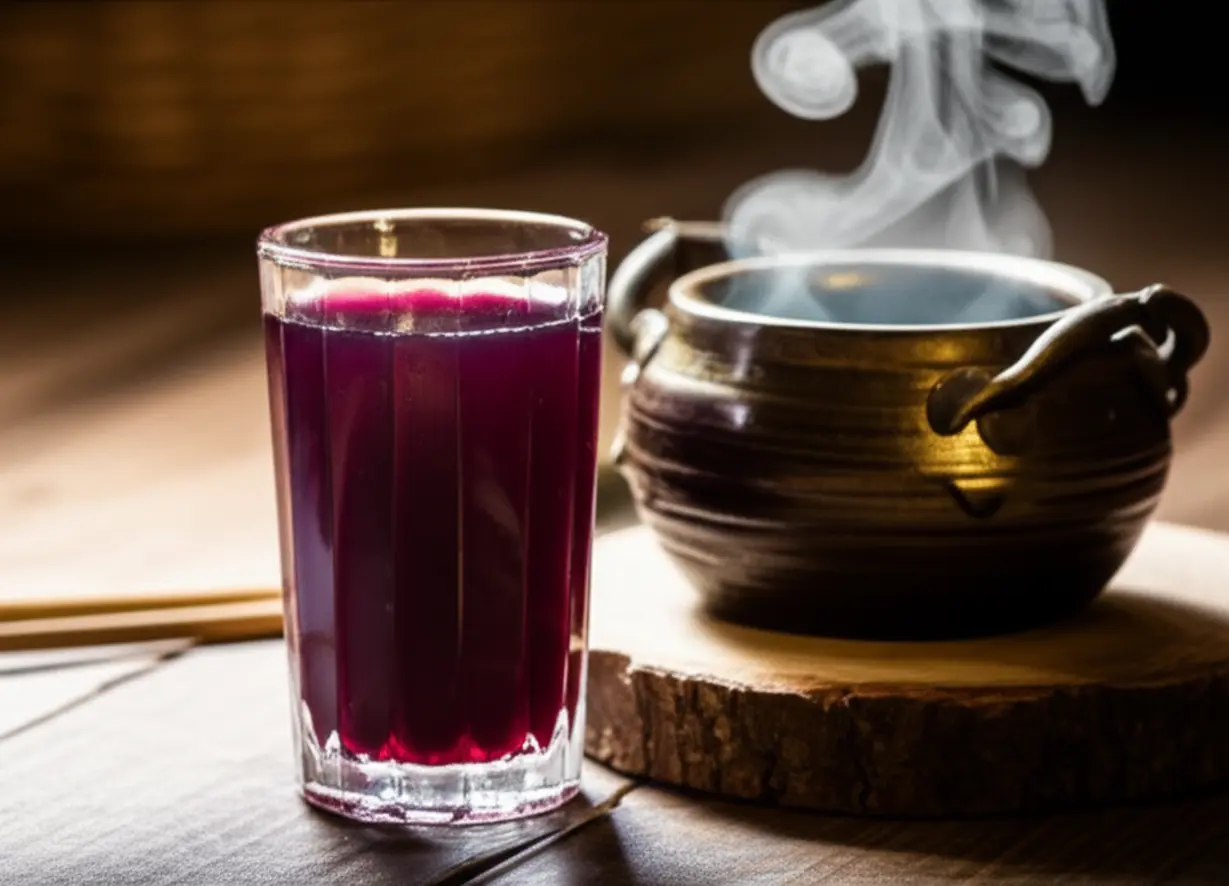 전통-가마솥에서-갓-추출한-듯한-진한-자색-양파즙이-담긴-유리잔