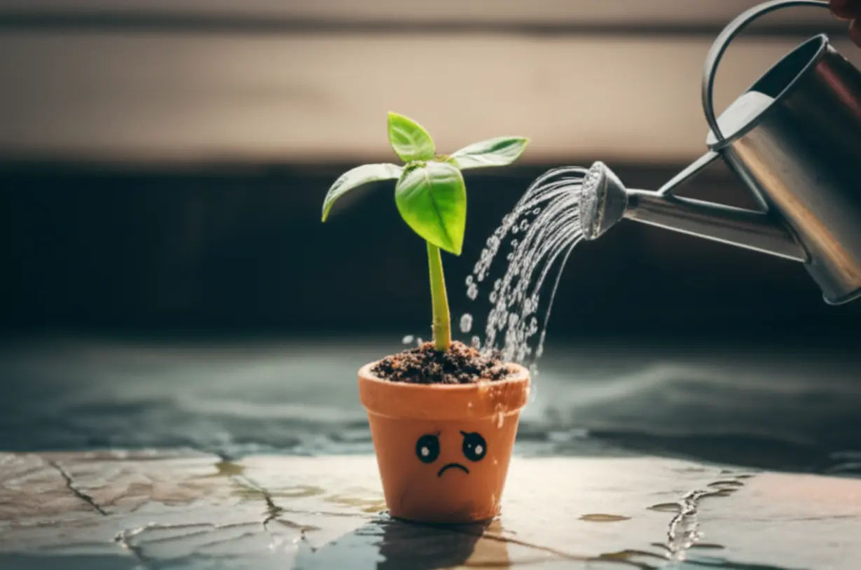 A-cute-3D-image-of-a-worried,-slightly-wilting-plant-being-gently-watered.