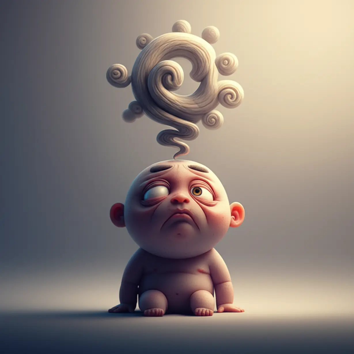 뿌연-안개-속에서-혼란스러운-생각들이-머리-위로-맴도는,-졸리고-비몽사몽한-귀여운-3D-캐릭터-이미지.-약물-부작용으로-인한-피로와-혼란을-상징합니다.