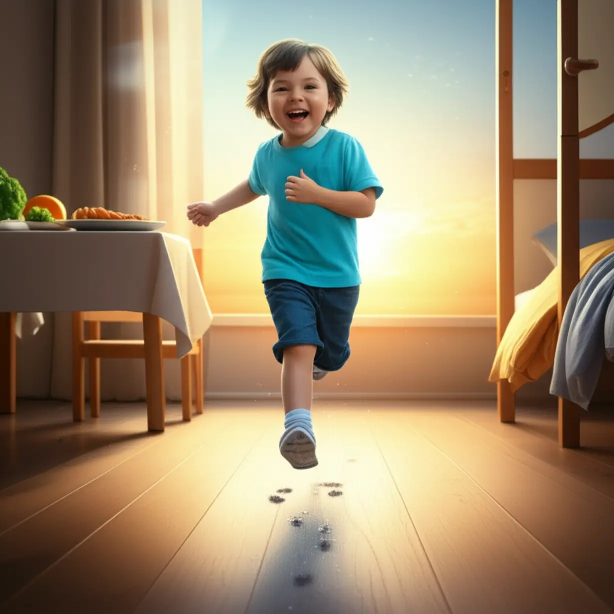 A-child-skipping-cheerfully-with-symbols-of-healthy-habits-like-good-food-and-sleep,-representing-consistent-growth.