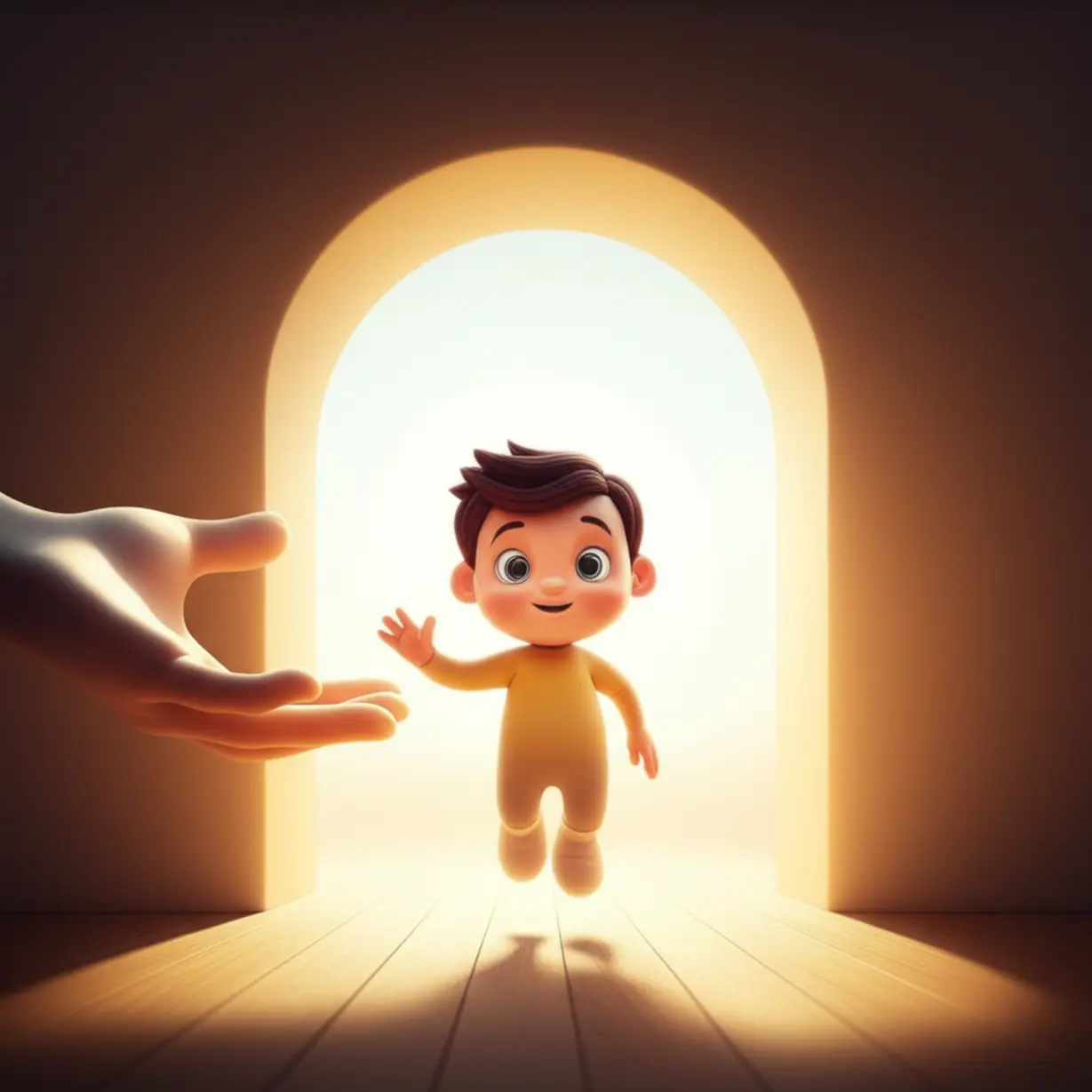 작은-캐릭터가-빛나는-길을-향해-안내를-받는-귀여운-3D-이미지