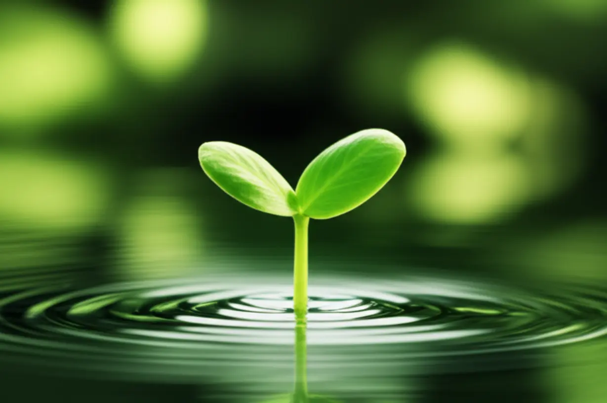 A-cute-3D-green-sprout-growing-from-a-calm-pond-with-gentle-light,-symbolizing-self-care-and-effective-stress-relief.