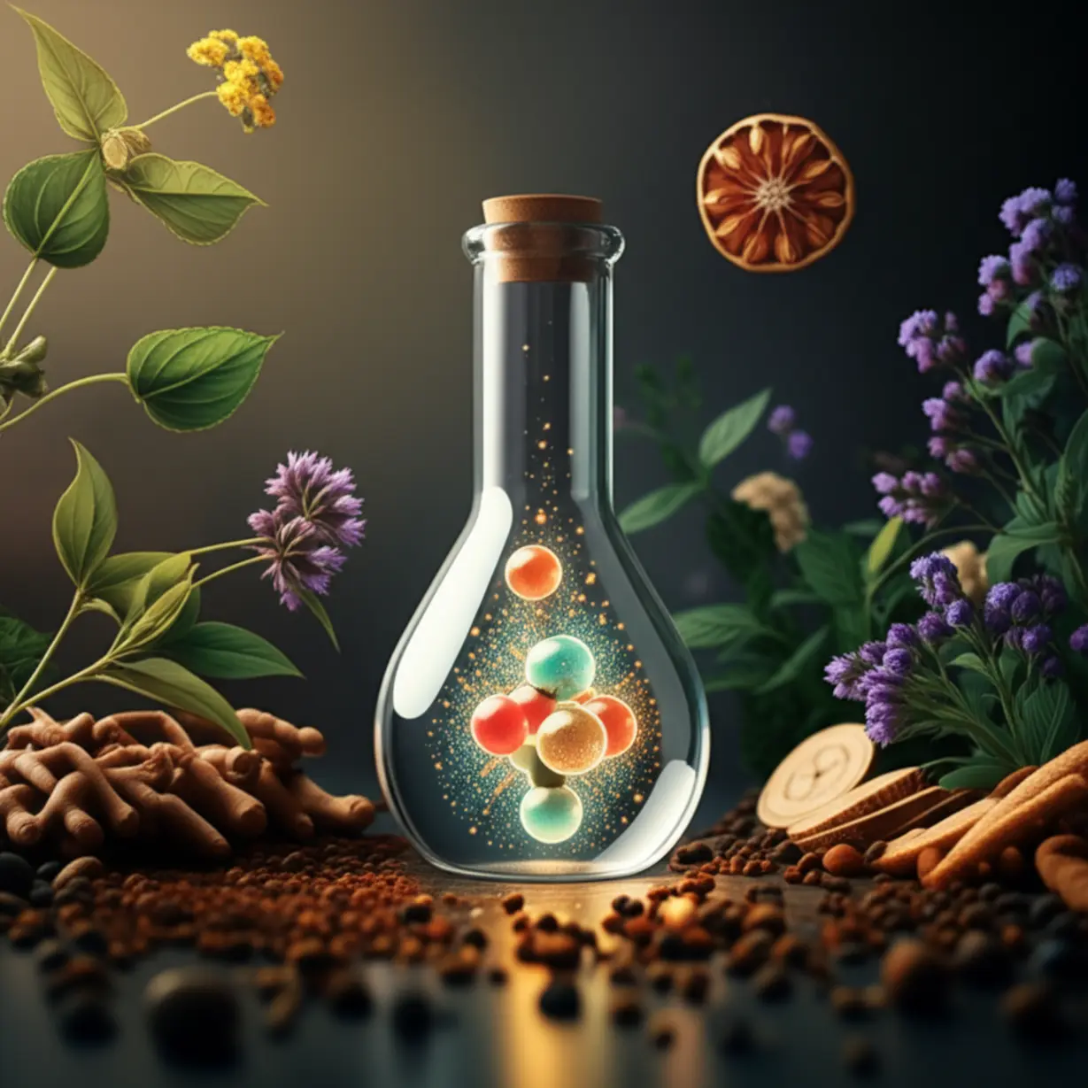 A-glowing-scientific-flask-surrounded-by-Korean-medicinal-herbs,-representing-a-breakthrough-ingredient.