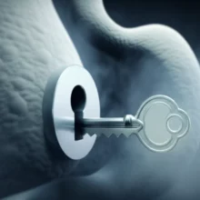 Glowing-key-unlocking-a-stomach-shaped-lock,-symbolizing-discovery-of-a-hidden-cause.