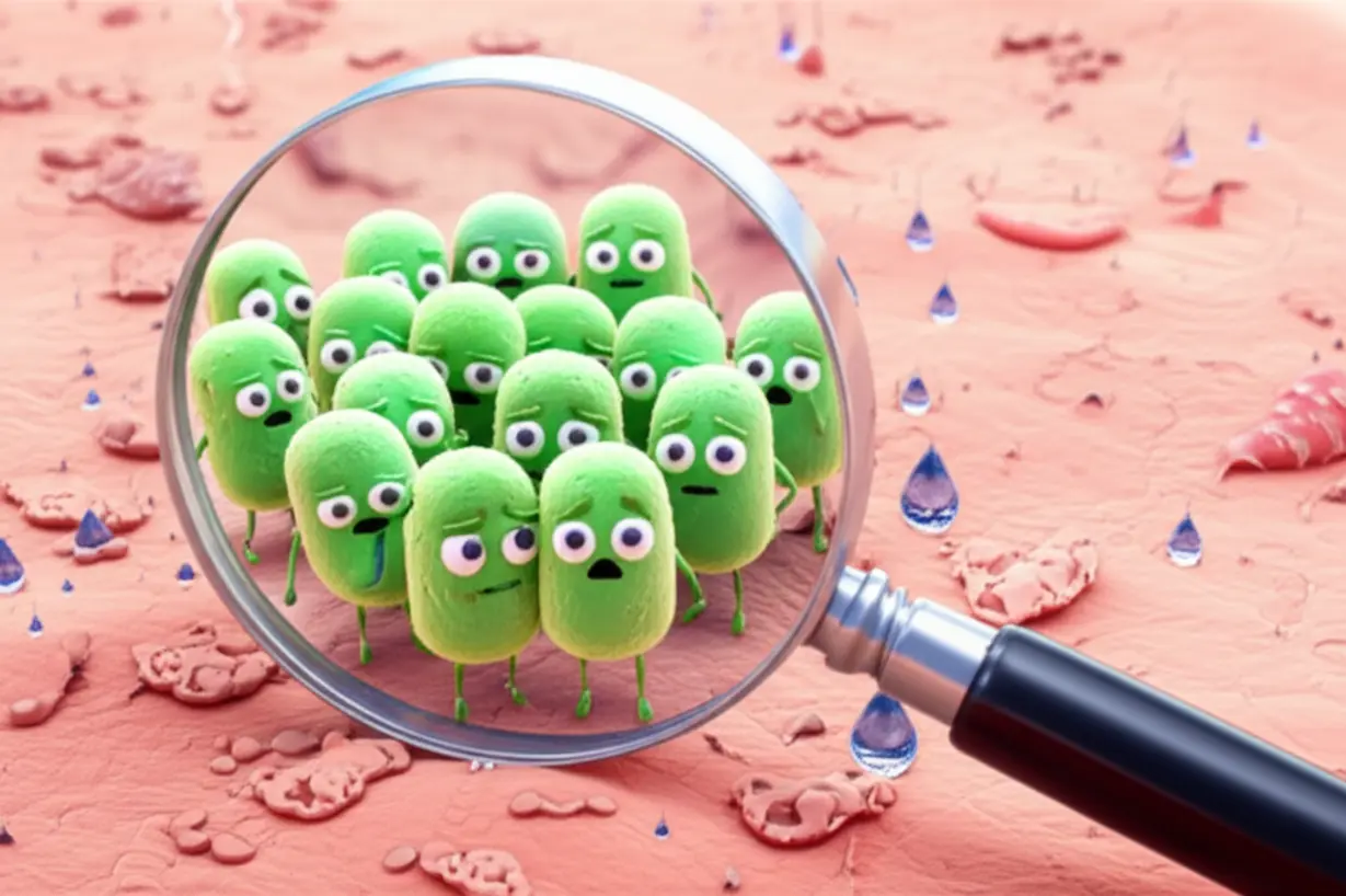 Cartoon-bacteria-surrounding-sweat-and-dead-skin-cells,-representing-the-cause-of-foot-odor.