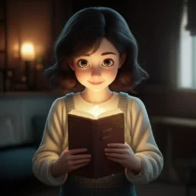 아늑하고-부드러운-조명의-방에서-마법-같은-빛이-나는-'비밀-노트'를-들고-조용히-미소-짓는-사람의-귀여운-3D-이미지입니다.