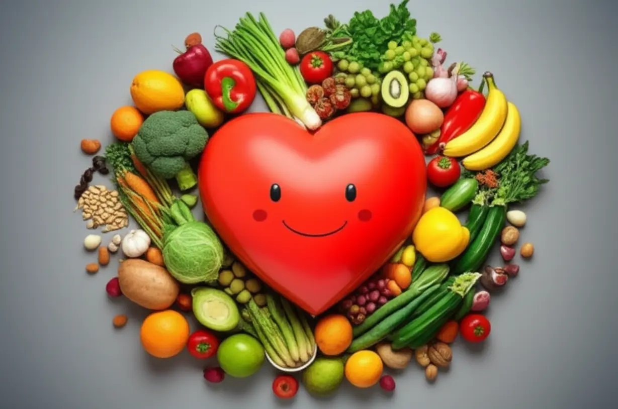 활기차고-웃는-심장이-신선한-과일,-채소,-견과류로-둘러싸인-귀여운-3D-이미지.