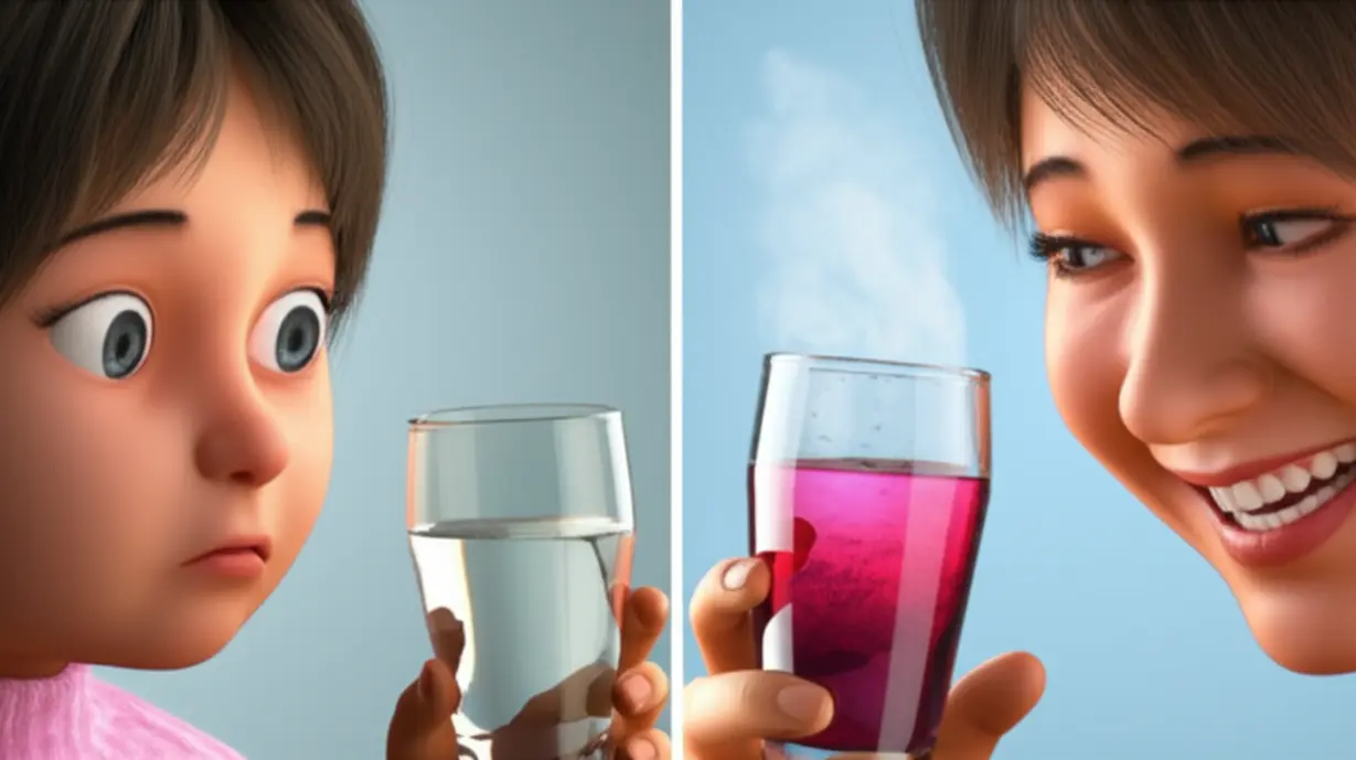 투명하고-묽은-액체가-담긴-유리잔을-보고-당황하는-귀여운-3D-캐릭터와,-진한-색깔의-김이-나는-유리잔을-보고-기뻐하는-캐릭터가-대비되는-이미지