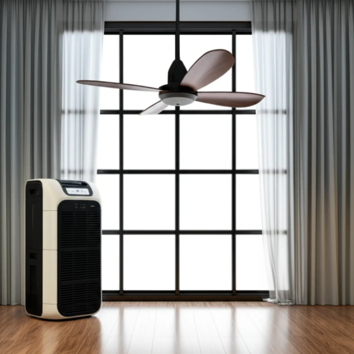 커튼이-쳐지고-선풍기가-돌고-가습기가-있는-방이-시원하고-쾌적하게-보이는-모습