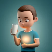 한-사람이-우유잔을-보며-배를-감싸고-생각하는-모습의-귀여운-3D-일러스트