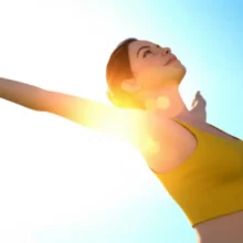 A-cute-3D-illustration-of-a-refreshed-person-with-glowing-skin,-full-of-energy,-stretching-happily.