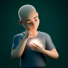 A-cute-3D-cartoon-of-a-person-holding-their-chest,-with-a-soft-glow-around-their-heart,-symbolizing-introspection.