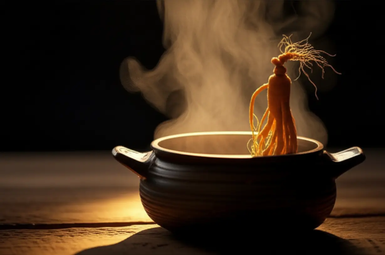 전통-가마솥에서-양파즙이-달여지고-산양산삼-뿌리가-보이는-3D-이미지