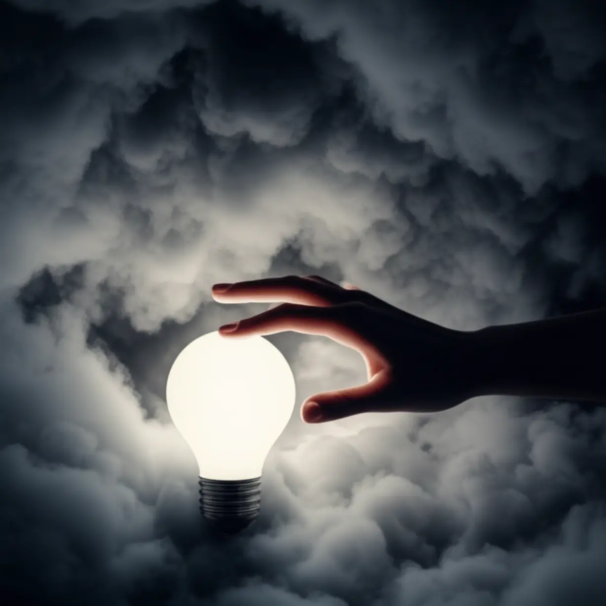 부드러운-어두운-구름-아래-묻혀있는-작은-빛나는-전구를-부드러운-손이-찾아내는-귀여운-3D-이미지