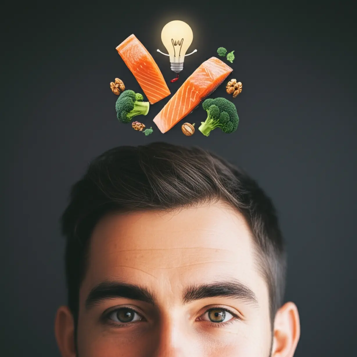 건강한-음식-재료들-옆에서-깨달음을-얻은-사람의-머리-위에-전구-캐릭터가-떠-있는-모습