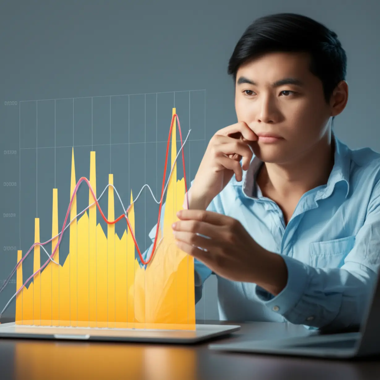 한-사람이-역동적인-그래프의-다양한-봉우리와-계곡을-관찰하며-패턴을-이해하고,-생각에-잠겨-제어하는-듯한-귀여운-3D-이미지