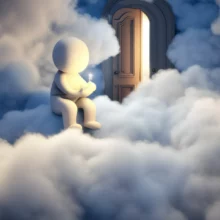 구름-위에-앉아-빛나는-열쇠를-든-채-비밀의-문을-응시하는-사람,-내면의-평화를-찾는-모습