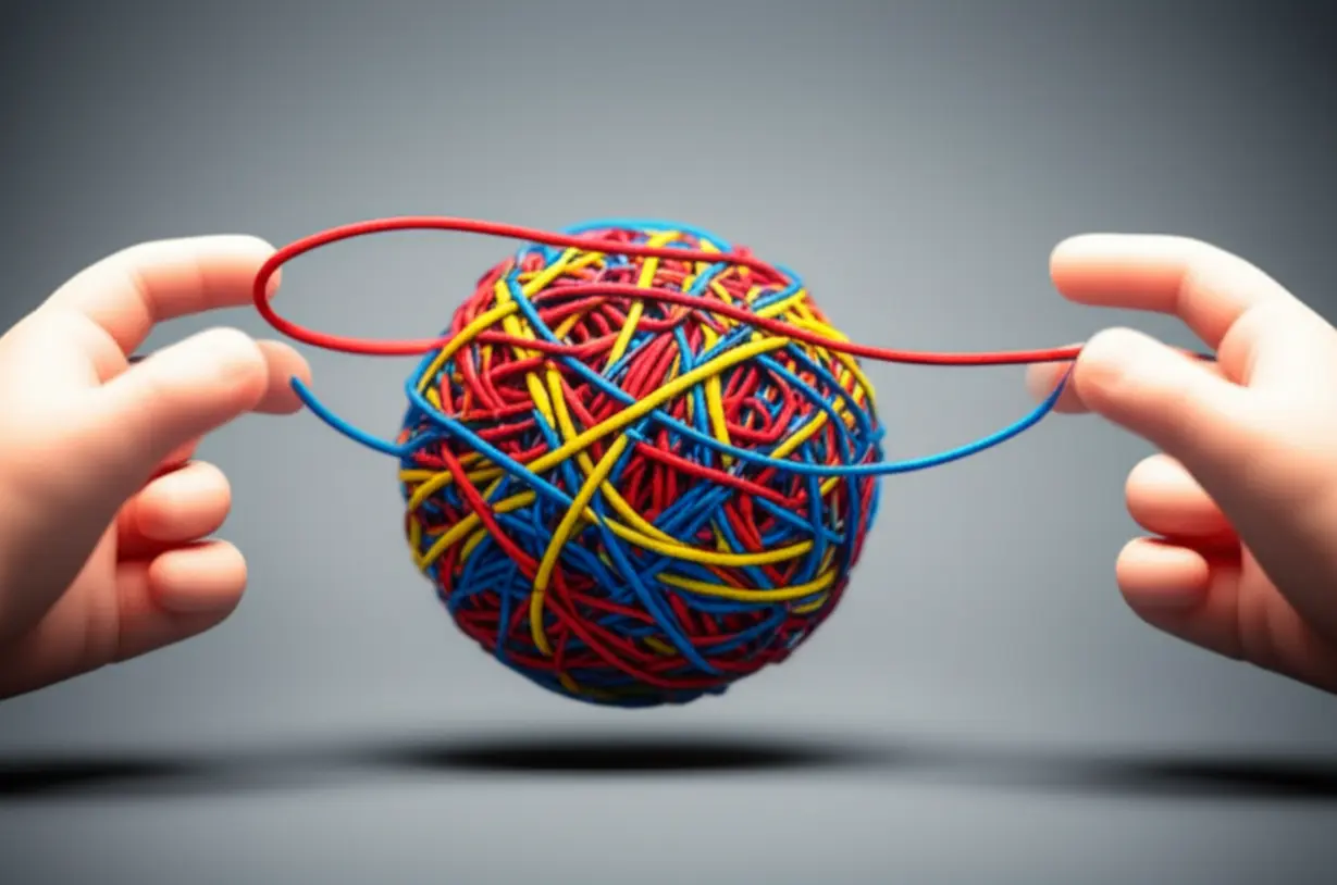 A-cute-3D-illustration-of-a-tangled-ball-of-colorful-emotional-threads-being-carefully-unraveled-by-small-hands,-symbolizing-emotional-processing.