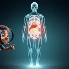 호기심-많은-캐릭터가-돋보기로-빛나는-몸속-비밀을-알아내는-모습