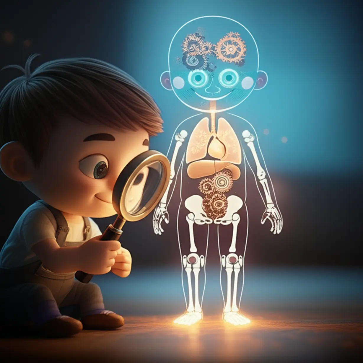 호기심-많은-캐릭터가-돋보기로-빛나는-몸속-비밀을-알아내는-모습
