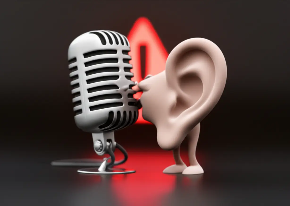 경고-표식-앞에서-귀에-대고-비밀-메시지를-속삭이는-귀여운-3D-마이크-캐릭터와-귀-캐릭터